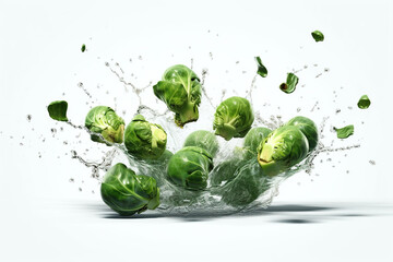 Levitation brussels sprouts with drops of water splash, isolated on white background, organic healthy, flying food, AI generative