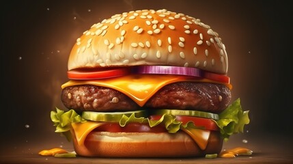 Hamburger with lettuce, tomato, onion. Fast food burger with cheese. Beef cheeseburger. Generative AI