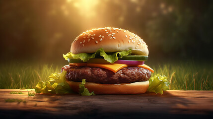 Cheeseburger with lettuce, tomato, onion. Fast food burger with cheese. Picnic with beef hamburger. Generative AI