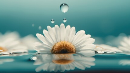 Daisy flowers with water drops. Chamomile flower on blue background. Generative AI