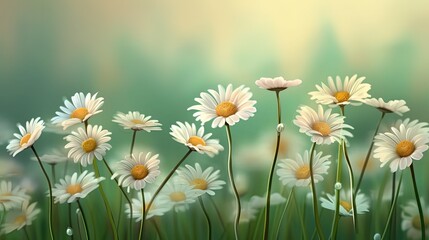 Daisy flowers meadow illustration. Chamomile floral natural background. Generative AI