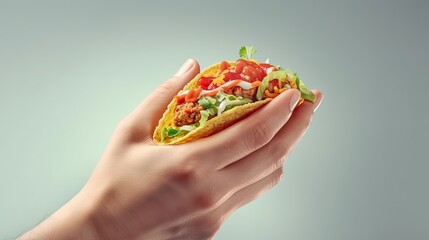 Man hand holding Tacos with meat and vegetable illustration. Traditional mexican tortilla food on Cinco de Mayo holiday. Generative AI