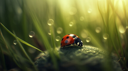 Ladybug in a green grass. Morning dew and lady bug. Close up red beetle insect. Generative AI