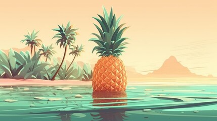 Obraz premium Pineapple on the beach illustration. Summer fruit background. Sweet pineapple on the coast. Generative AI