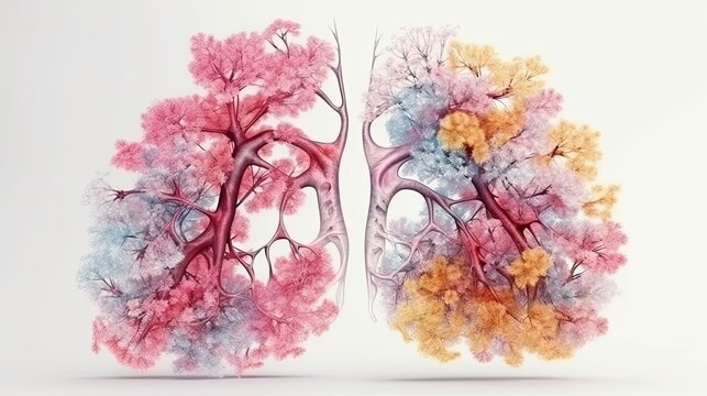 Double exposure lungs with trees. Illustration of internal organ of the human. Medicine anatomy concept. Generative AI