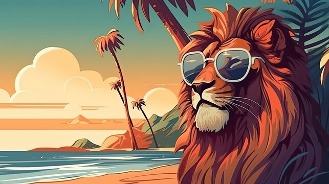 Cartoon lion with sunglasses. Cute mammal illustration. Animal with soft fur on the beach. Generative AI