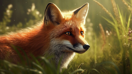 Fototapeta premium Red fox animal in green grass. Outdoor omnivorous mammal in wildlife. Animal in the field. Generative AI