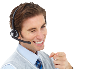Call center, business or man portrait with success wink, pointing or confidence in customer service or support. Telemarketing agent, male consultant or employee isolated on transparent png background
