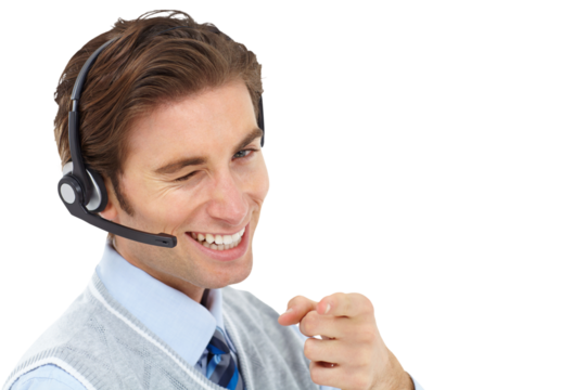 Call center, business or man portrait with success wink, pointing or confidence in customer service or support. Telemarketing agent, male consultant or employee isolated on transparent png background - Powered by Adobe