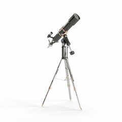 3D rendering of a black refractor telescope on a tripod isolated on a white background