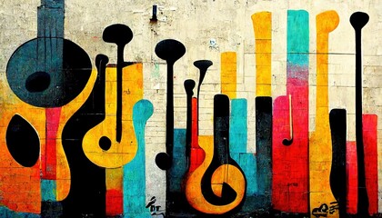 Generative AI, Street art with keys and musical instruments silhouettes. Ink colorful graffiti art on a textured paper vintage background, inspired by Banksy	
 - obrazy, fototapety, plakaty