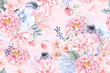 Fototapeta na wymiar Seamless pattern of rose,bird and Blooming flowers with watercolor on pastel background.Designed for fabric luxurious and wallpaper, vintage style.Floral pattern illustration.Botany garden.