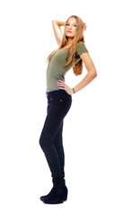 Fototapeta premium Beautiful young woman, fashion and model posing in confidence for clothing style or cosmetics. Confident and beauty female student, teenager or gen z standing isolated on a transparent png background