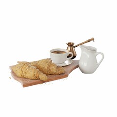bread and coffee are sitting on a cutting board next to the pitcher