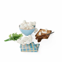 Closeup of delicious raw mushrooms in a bowl isolated on a white background