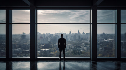 Fototapeta na wymiar Un homme d'affaires regarde la ville depuis son bureau en étage élevé 