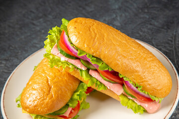 Top view of delicious homemade sandwiches on a white plate on black background with free space