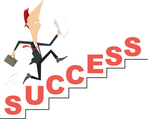 Success in business concept. 
Businessman with papers running up to success. Word – success
