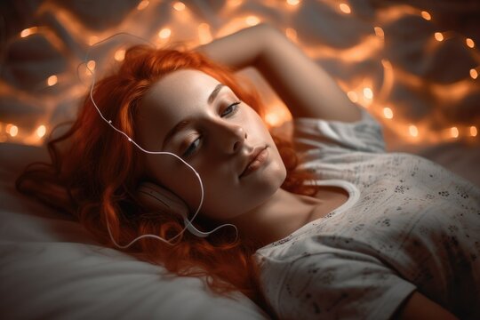 Young woman with headphones listening music Generative AI