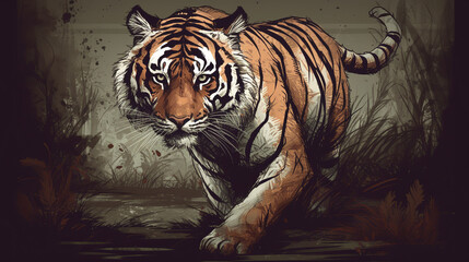 tiger, animal, cat, feline, wildlife, mammal, wild, predator, bengal, stripes, nature, zoo, carnivore, big, striped, fur, siberian, hunter, jungle, animals, safari, wildcat, generative ai