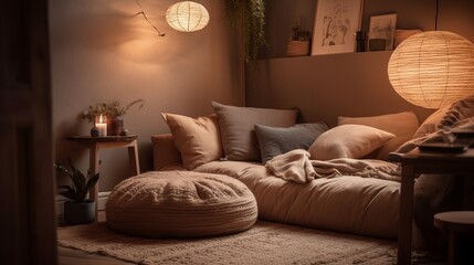 A cozy corner for reading with inviting cushions and soft lighting AI generated