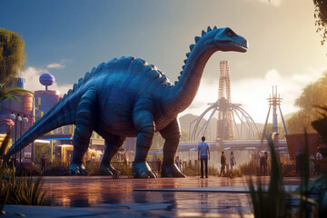Corythosaurus Dinosaur Being Used For Entertainment Purposes In Futuristic Parks. Generative AI