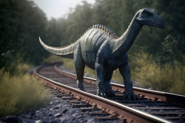 Fototapeta premium Diplodocus Dinosaur Crossing Railroad Track. Generative AI