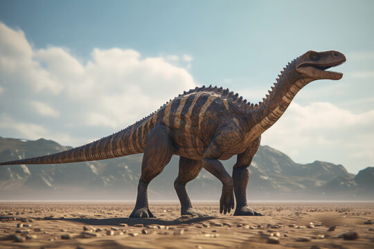 Plateosaurus Dinosaur Walking Through Barren Desert. Generative AI