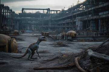Fototapeta premium Dilophosaurus Hiding Dinosaur In Deserted Industrial Site. Generative AI