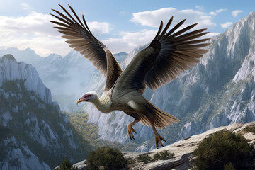 Dinosaur Archaeopteryx Flying Over Mountain Range. Generative AI