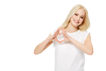Happy woman, blond hair and hands in heart shape emoji for love, romance or compassion. Portrait of female with hand together for loving sign, symbol or shape isolated on a transparent PNG background