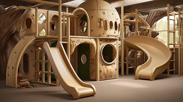 A jungle gym-inspired play area with climbing walls, monkey bars, and tunnels. AI generated