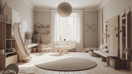 A minimalist kids playroom with simple, clean design and neutral color palette. AI generated