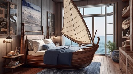 A nautical-inspired kids boy bedroom with a sailboat-shaped bed and oceanic decor. AI generated