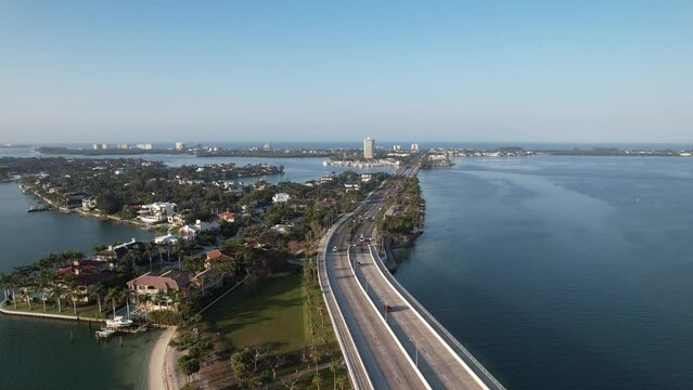 Drone shot of the John Ringling Causeway at Sunrise in Sarasota, Florida