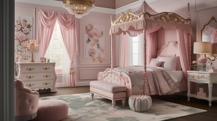 A princess-themed room with a regal canopy bed and fairy tale accents. AI generated
