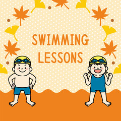 水泳　スイミングスクール　子ども　イラスト　バナー　正方形　秋
