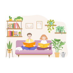 Naklejka premium A girl and a guy are reading books while sitting on a couch surrounded by potted flowers. The concept of a healthy atmosphere in the apartment, comfortable to live in, thanks to the many indoor plants