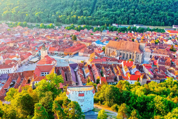 Brasov, Romania. Aerial view of the old town at sunrise.