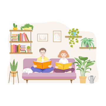 A girl and a guy are reading books while sitting on a couch surrounded by potted flowers. The concept of a healthy atmosphere in the apartment, comfortable to live in, thanks to the many indoor plants