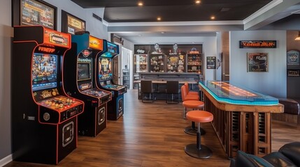 A retro-inspired game room with vintage arcade games and a jukebox. AI generated