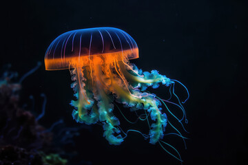 Glowing Jellyfish In Dark Aquarium Tank. Generative AI