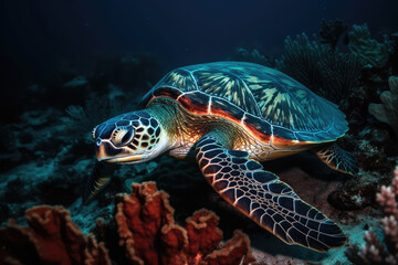 Fototapeta na wymiar Luminescent Sea Turtle Swimming Through Coral. Generative AI