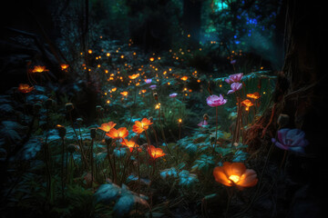 Glowing Flowers In Mystical Garden. Generative AI