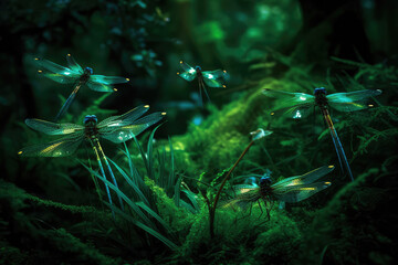 Fototapeta na wymiar Glowing Dragonflies In Green Forest. Generative AI
