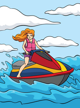 Jet Ski Colored Cartoon Illustration