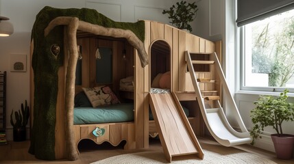 A whimsical treehouse-inspired bed with a built-in slide. AI generated