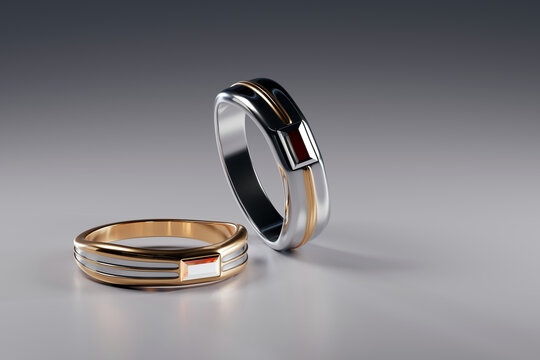 3d render of two rings with diamonds on reflective background. 3d render of gold and platinum ring with diamonds.  3D jewelry ring.