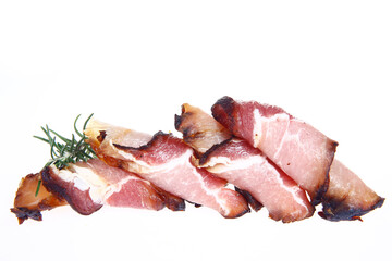 Smoked bacon slices, isolated on white background