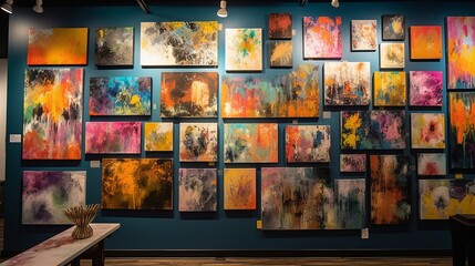 An artistic wall display featuring colorful paintings and photographs. AI generated
